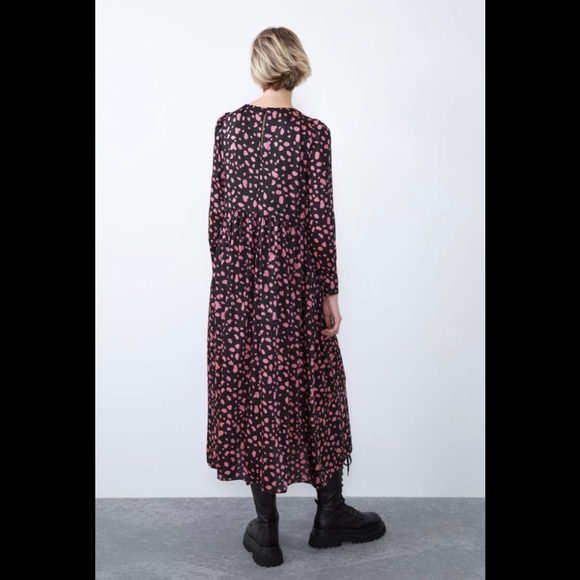 Zara Size Medium Black With Pink Polka Dots Printed Long Sleeve Midi Dress - Picture 4 of 13